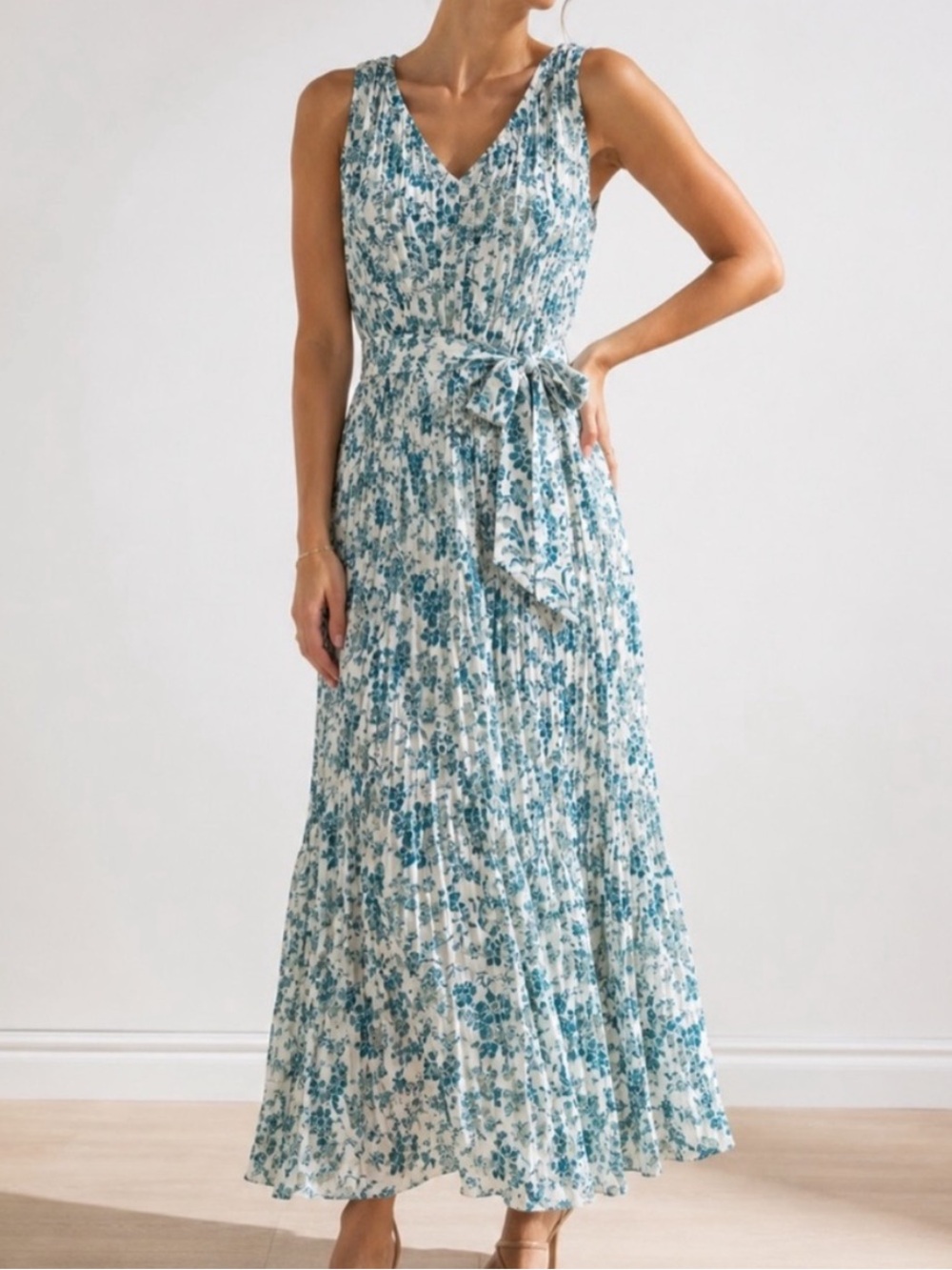 TUCKERNUCK Jardin de Fleurs Alina Plissé Maxi Dress Blue & Creme Floral NWT M